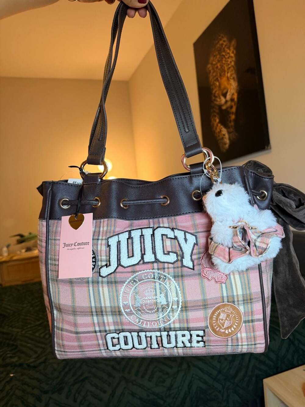 Juicy Couture Pink Plaid Varsity Tote Bag with Scottie Dog Charm and Bow